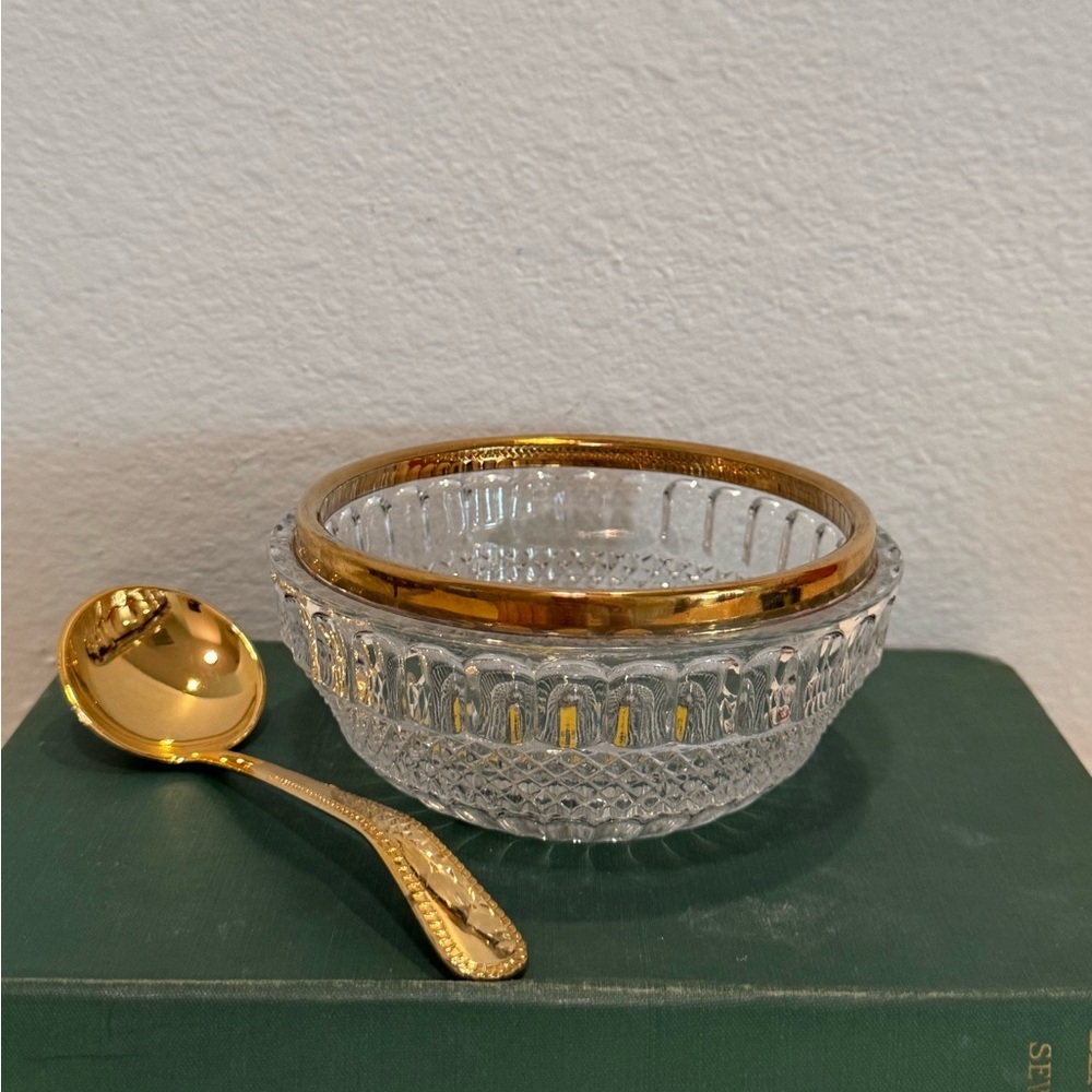Vintage William Adams Gold Etched Lead Crystal Bowl with Silver Plated Spoon